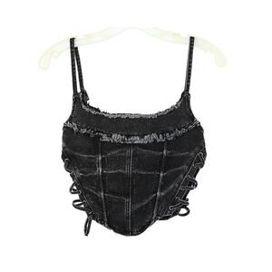 Distressed Denim Side Tie Corset Top - Black - XS
